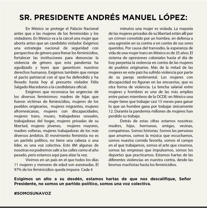 Carta a AMLO: Señor presidente, en México se protege el Palacio Nacional  antes que a las mujeres de los feminicidas y violadores, 8M: Día de la  Mujer