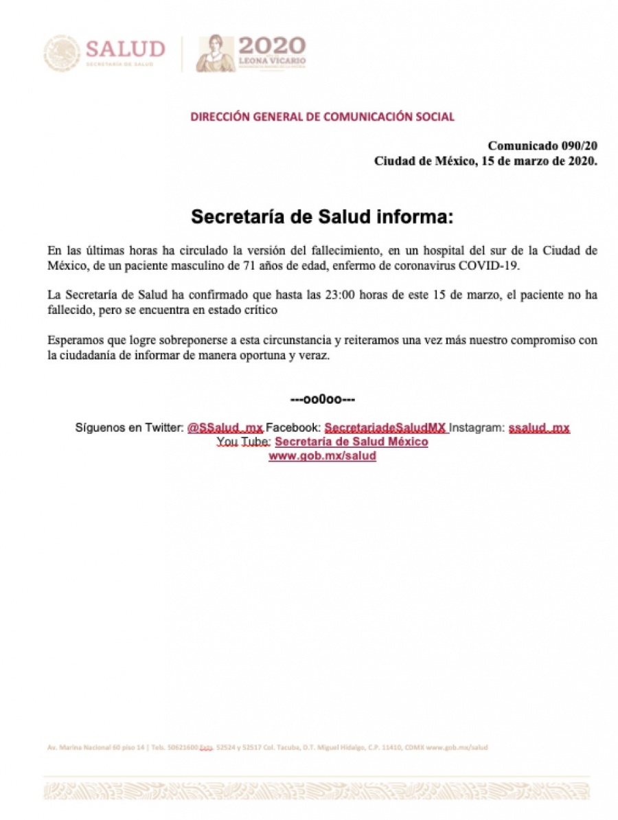 Desmiente Secretaria de Salud que la primera víctima del coronavirus fuese el empresario José Kuri