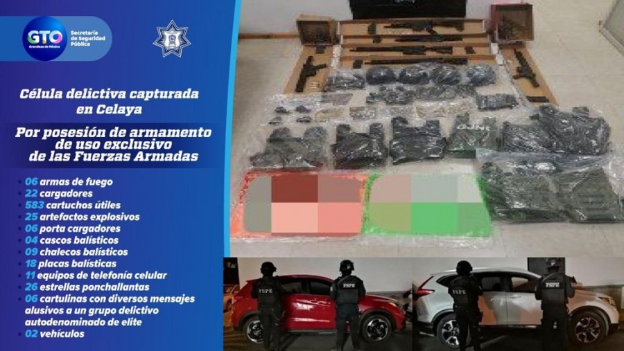 Capturan a célula delictiva en Celaya incautaron un arsenal y vehículos en operativo