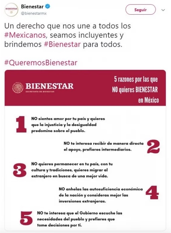 Secretaría del Bienestar publica polémico tweet y desata críticas