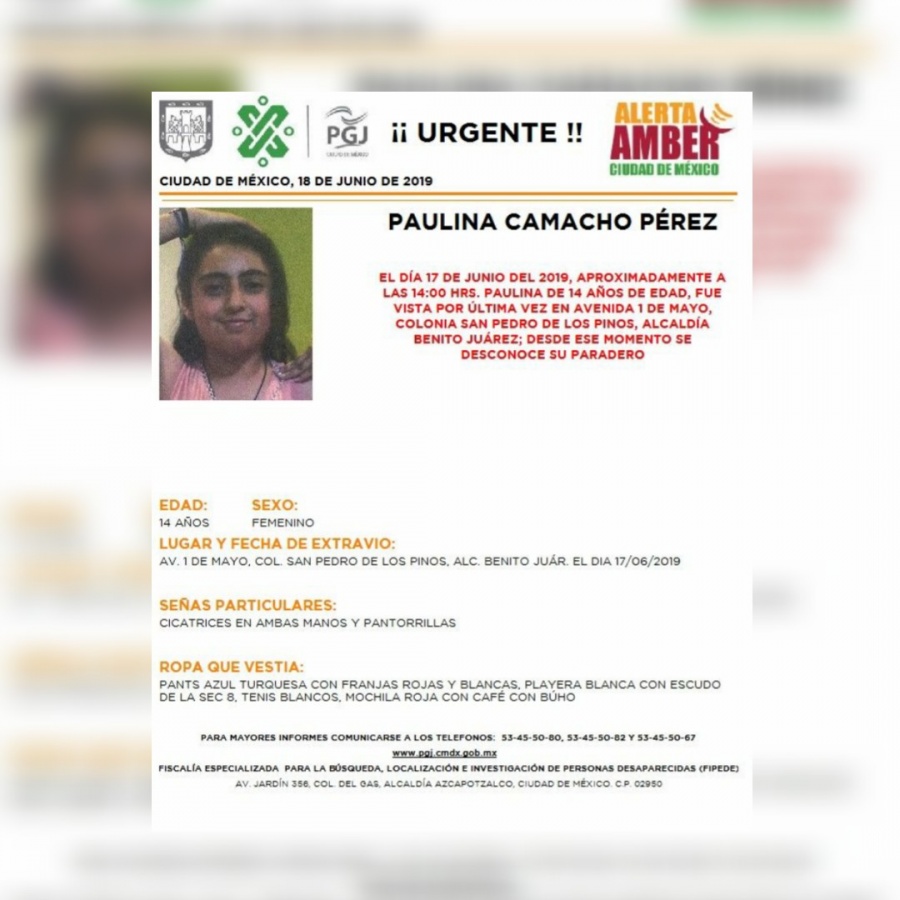 Alerta Amber: Ayuda a localizar a Paulina Camacho, desaparecida en Benito Juárez