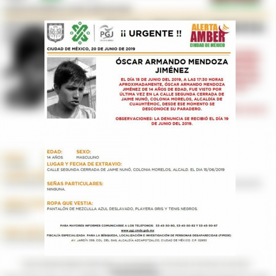 Alerta Amber: Ayuda a localizar a Óscar Mendoza, desaparecido en Cuauhtémoc