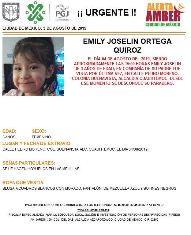 Emiten alerta Amber para localizar a la niña Emily Joselín Ortega de tres años