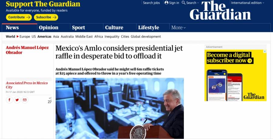 La rifa, intento desesperado de AMLO para vender el avión: “The Guardian