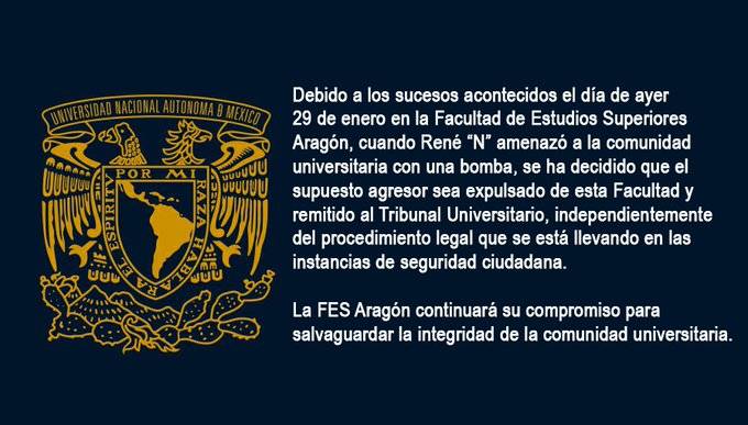 Expulsa FES Aragón a alumno que amenazó con explotar una bomba