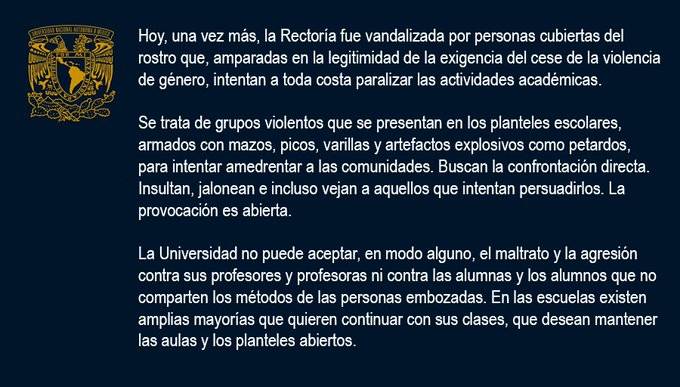 Rechaza UNAM agresiones contra personal e instalaciones
