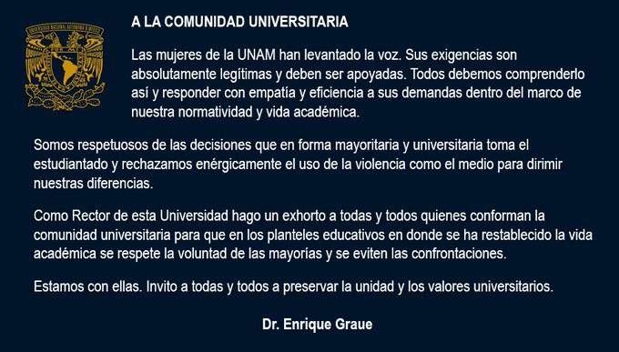 Llama rector de la UNAM a respetar la voluntad de las mayorías y evitar confrontaciones