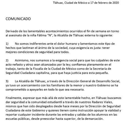 Autoridades de Tláhuac ofrecen apoyo a familia de Fátima