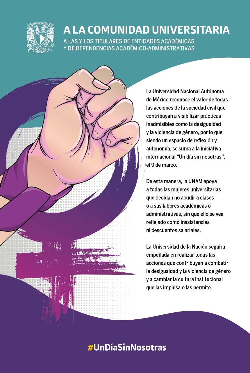 Se suma UNAM a la iniciativa “Un día sin nosotras” el 9 de marzo