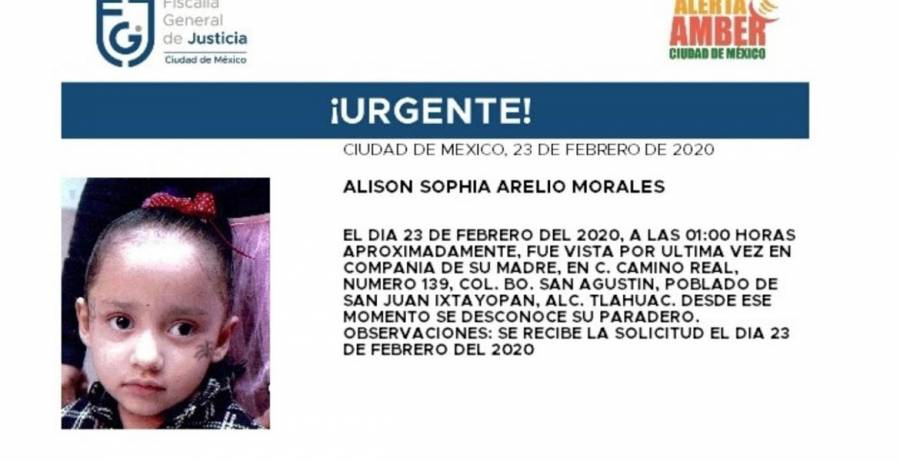 Acivan alerta Amber por desaparición de niña de tres años en alcaldía Tláhuac