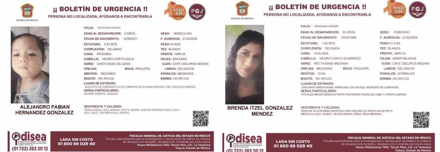 Fabián de 2 años y su madre Brenda desaparecen en Zumpango