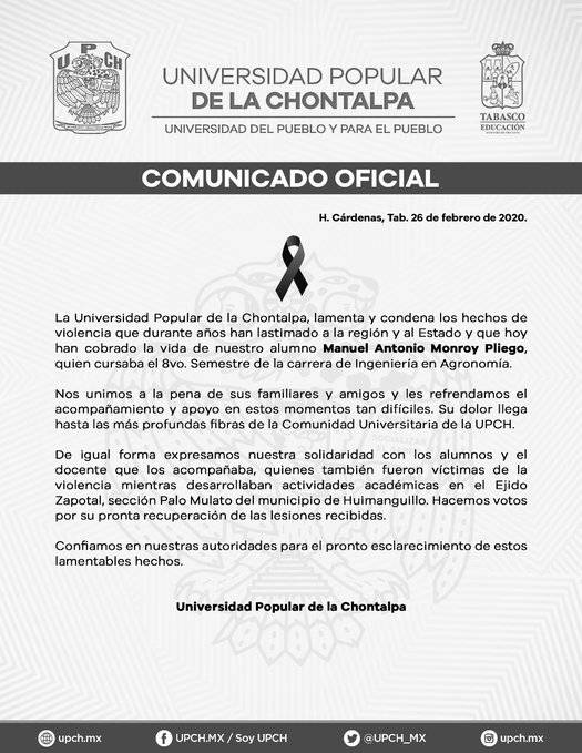 Universitario ejecutado en Tabasco