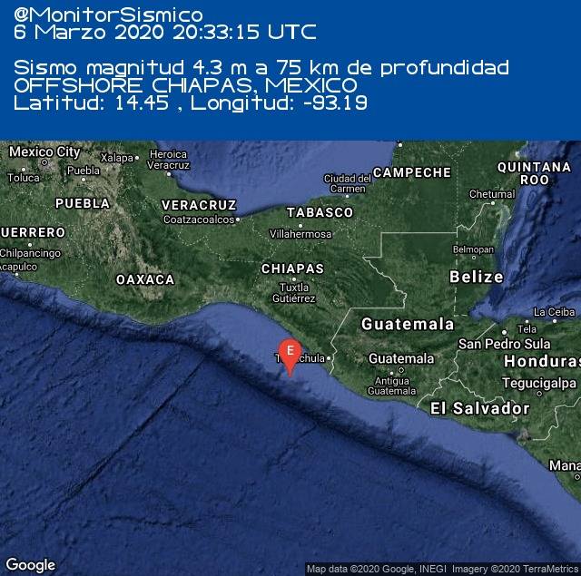 Se registra sismo de 5.0 al suroeste de Chiapas