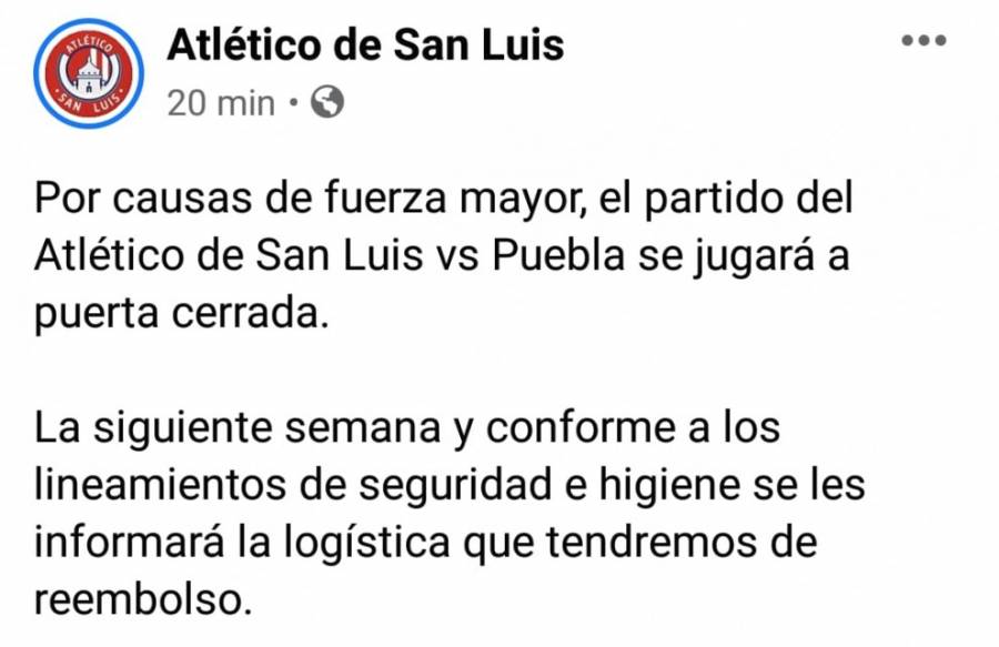 A puerta cerrada partido ADSL vs Puebla por caso de coronavirus