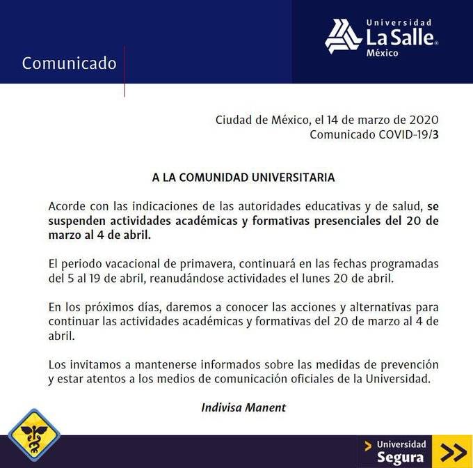 Universidad La Salle suspende actividades presenciales desde el 20 de marzo