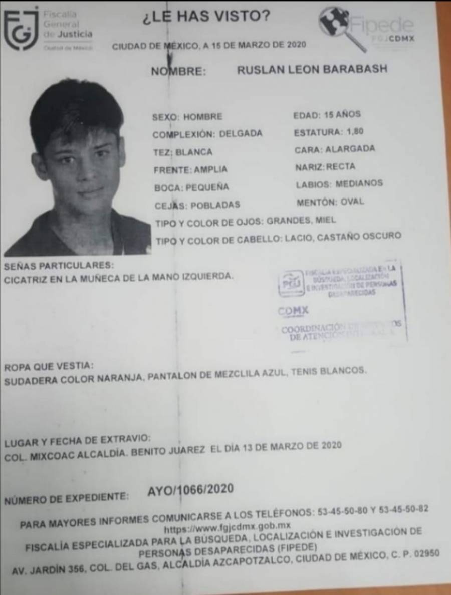 Se activa Alerta Amber para localizar a Ruslan León Barabash