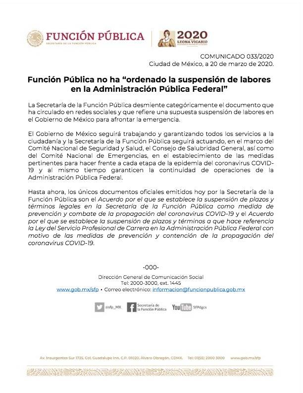 Aclara la SFP que no ha ordenado suspensi&oacute;n de labores en el Gobierno Federal