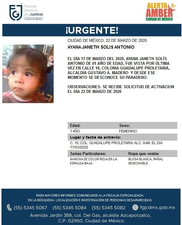 Se activa alerta amber para encontrar a Ayana Janeth Solis Antonio
