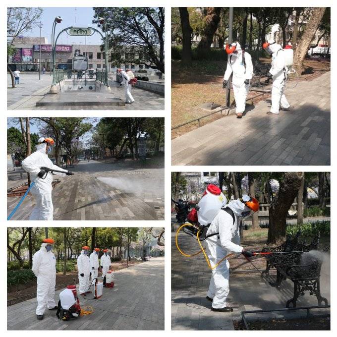 Sanitizan plazas públicas de la CDMX