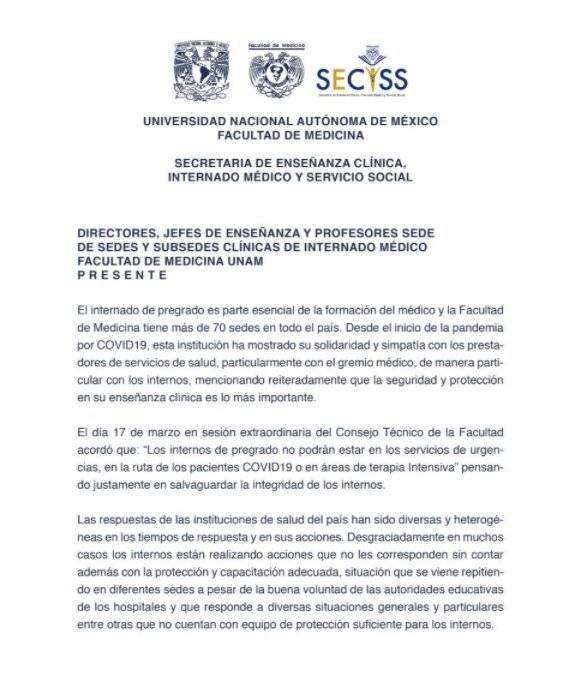 UNAM y Poli separan a pasantes de hospitales por falta de protecci&oacute;n 