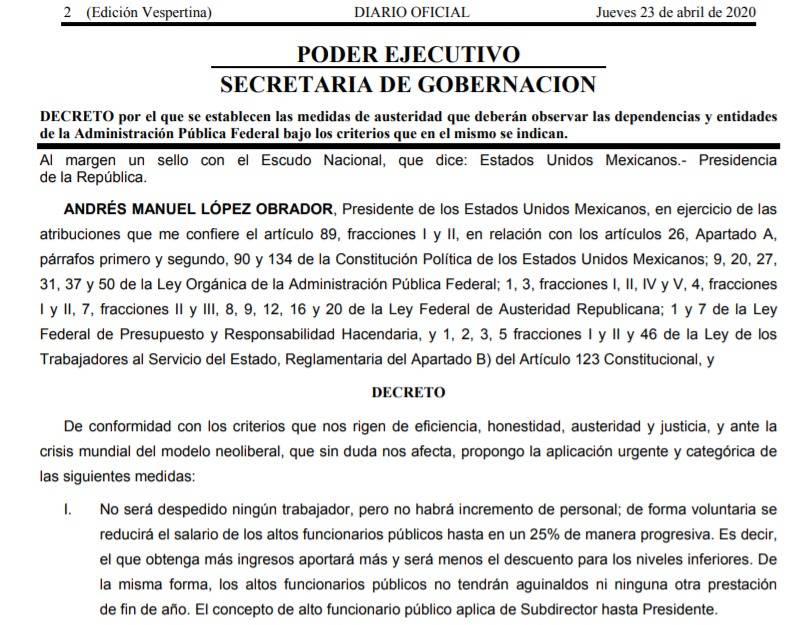 Publica el DOF decreto en materia de austeridad ante Covid-19