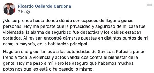 Acusa diputado Gallardo intento de espionaje en su domicilio 