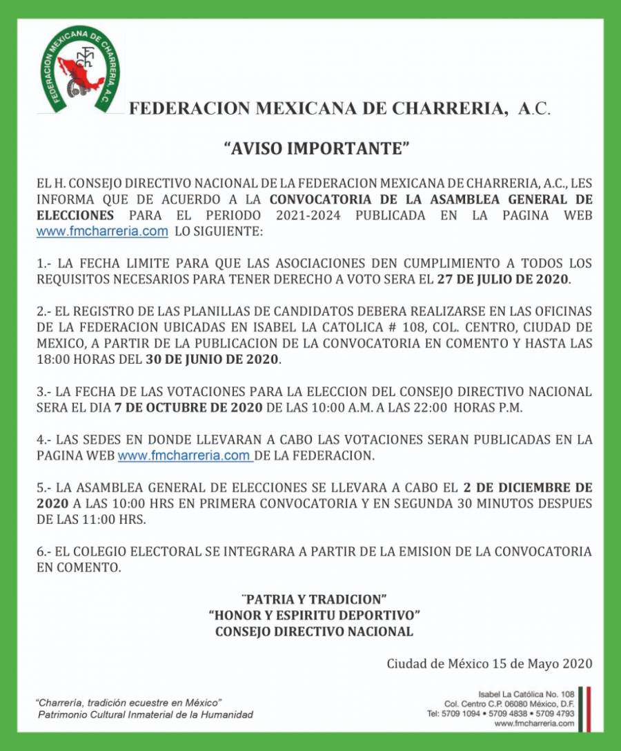 Prepara Federación Mexicana de Charrería, A.C. renovación del Consejo Directivo Nacional para el periodo 2021-2024.