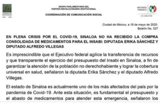 Piden apoyo del Insabi para Sinaloa