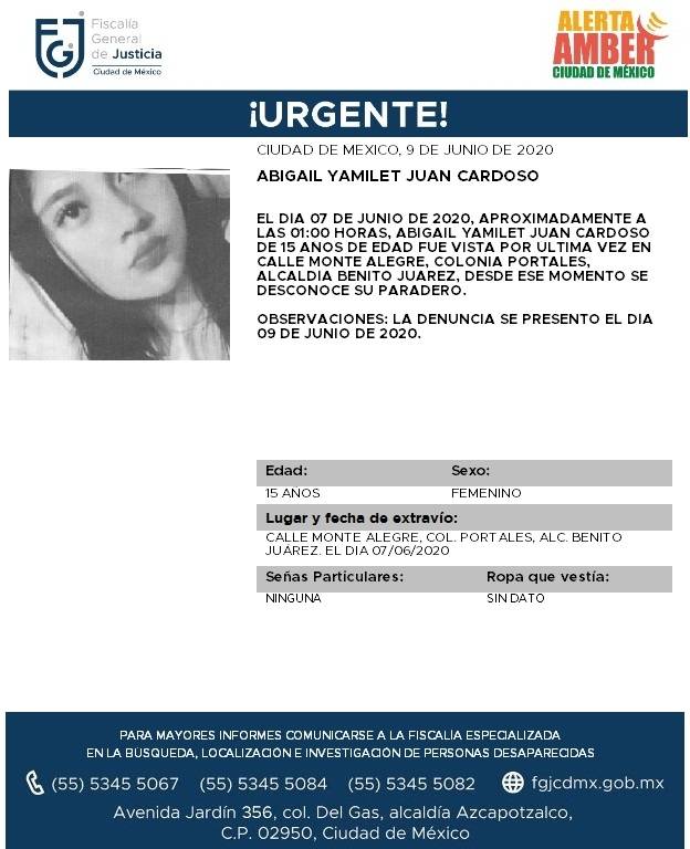 Alerta Amber para localizar a Abigail Yamilet Juan Cardoso