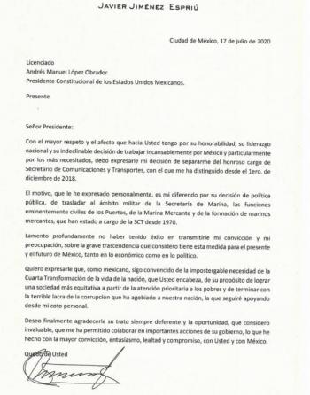 Se difunde la carta de renuncia Javier Jimenez Espriú