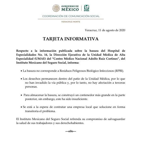 Informan que bolsas de desechos almacenados en Hospital de Veracruz no son tóxicas