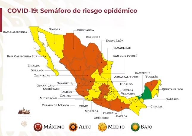 Semáforo naranja en 17 estados, 14 amarillo; Campeche se mantiene en verde