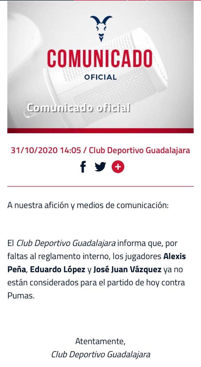 Chivas suspende a 3 jugadores por incumplimiento de reglamento