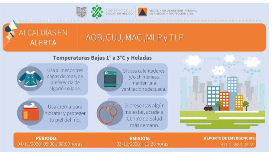 Activan alertas naranja y amarilla por temperaturas bajas en 11 alcaldías