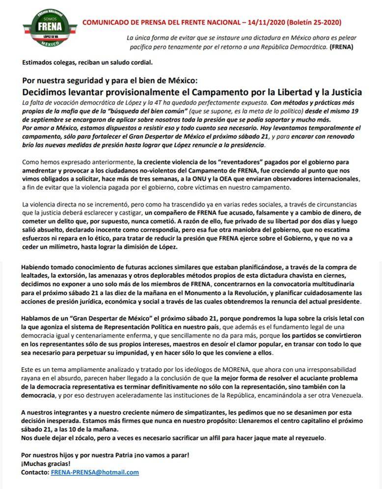 FRENA se retira del zócalo hasta la marcha del próximo 21 de noviembre