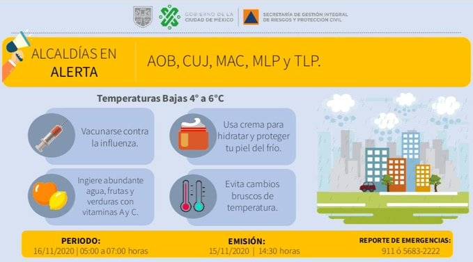 Activan alerta amarilla por pronóstico de bajas temperaturas en CDMX