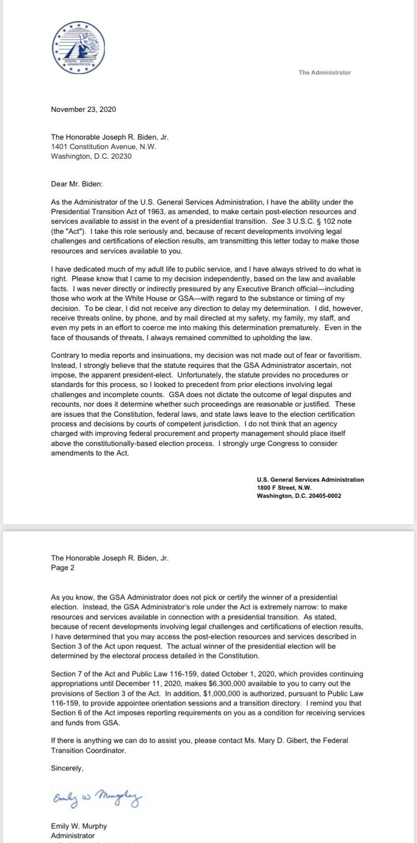 Agencia GSA de Estados Unidos autoriza inicio de la transición del gobierno