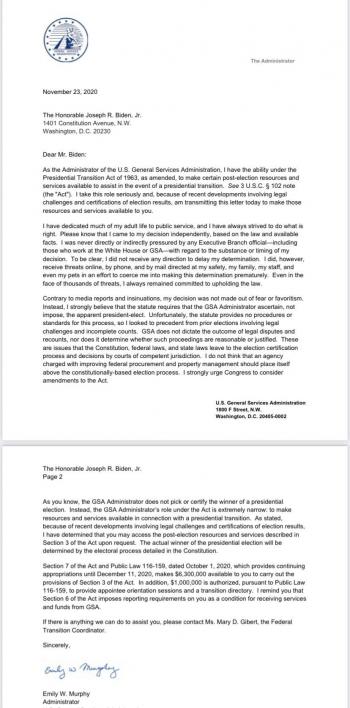 Agencia GSA de Estados Unidos autoriza inicio de la transici&oacute;n del gobierno