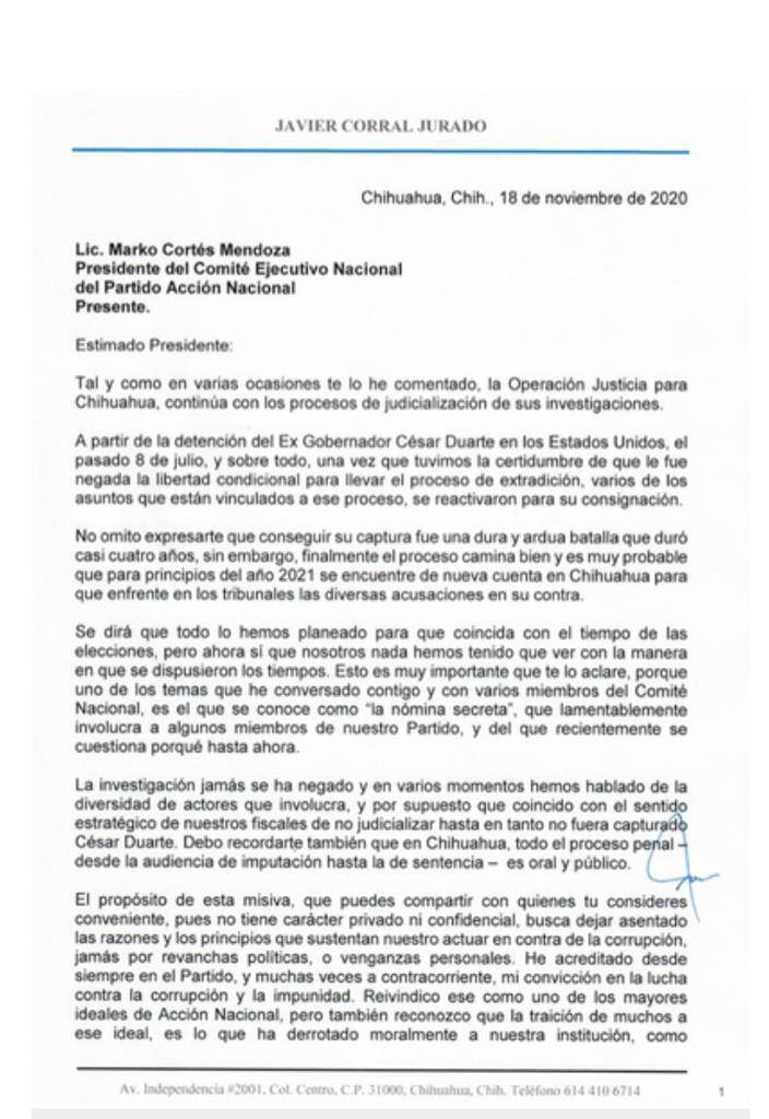 En carta a Marko Cortés, Corral detalla corrupción de panistas