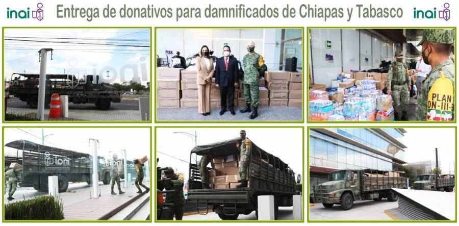 Entrega INAI donativos a Sedena para damnificados de Tabasco y Chiapas