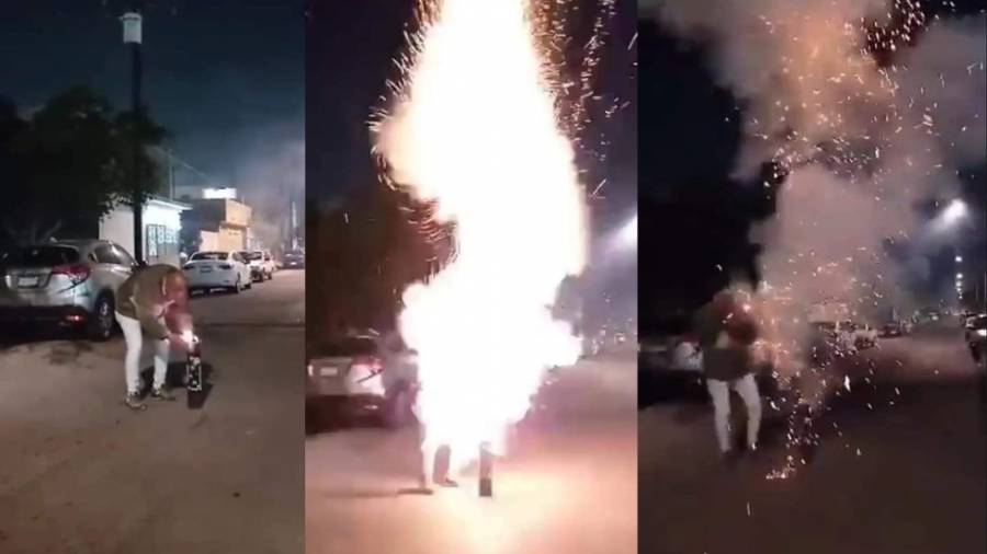 Video: Fuego artificial estalla en el rostro a hombre en Nuevo León