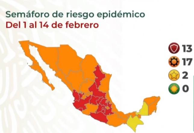 Campeche regresa al Semáforo Amarillo por COVID-19; 13 estados en rojo
