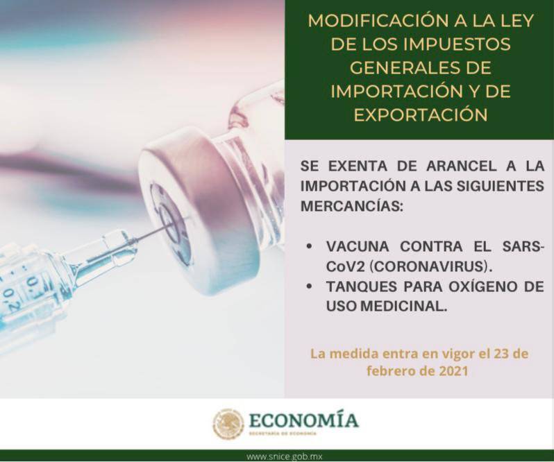 Elimina Gobierno Federal aranceles a importación de tanques de oxígeno y vacunas contra Covid