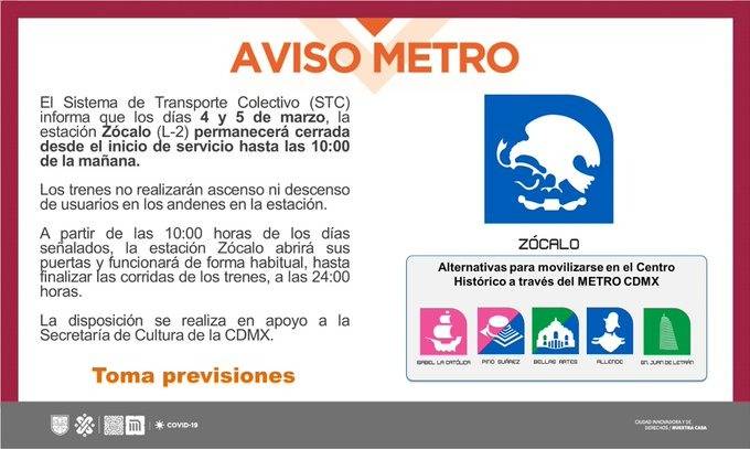 Jueves 4 y Viernes 5 de marzo cerrará estación Zócalo hasta las 10:00 horas: STC Metro