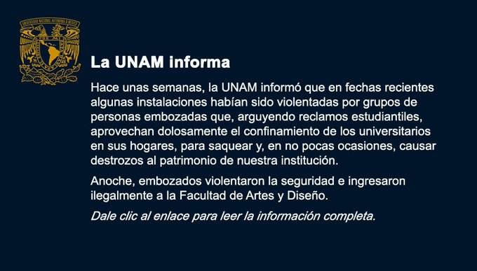 Denuncia UNAM toma violenta de instalaciones de la Facultad de Artes y Diseño