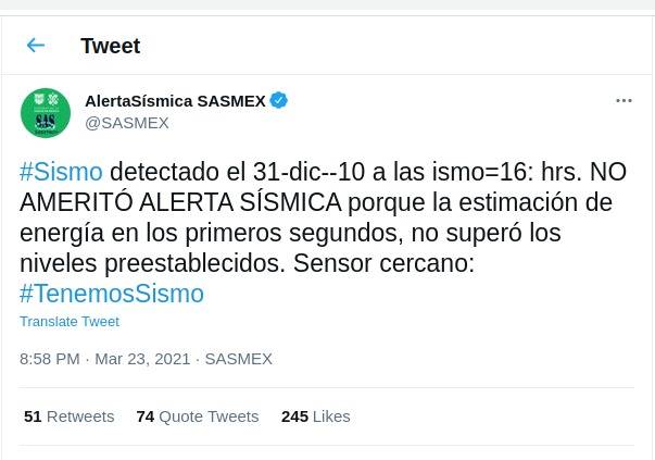 SASMEX emite tuit con reporte de sismo ocurrido en diciembre de 2010