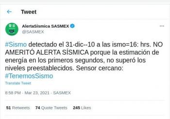SASMEX emite tuit con reporte de sismo ocurrido en diciembre de 2010