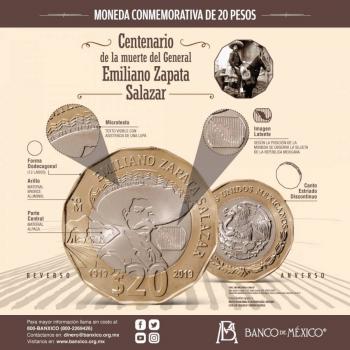 Banco de México pone en circulación moneda de 20 pesos conmemorativa del centenario de muerte de Emiliano Zapata