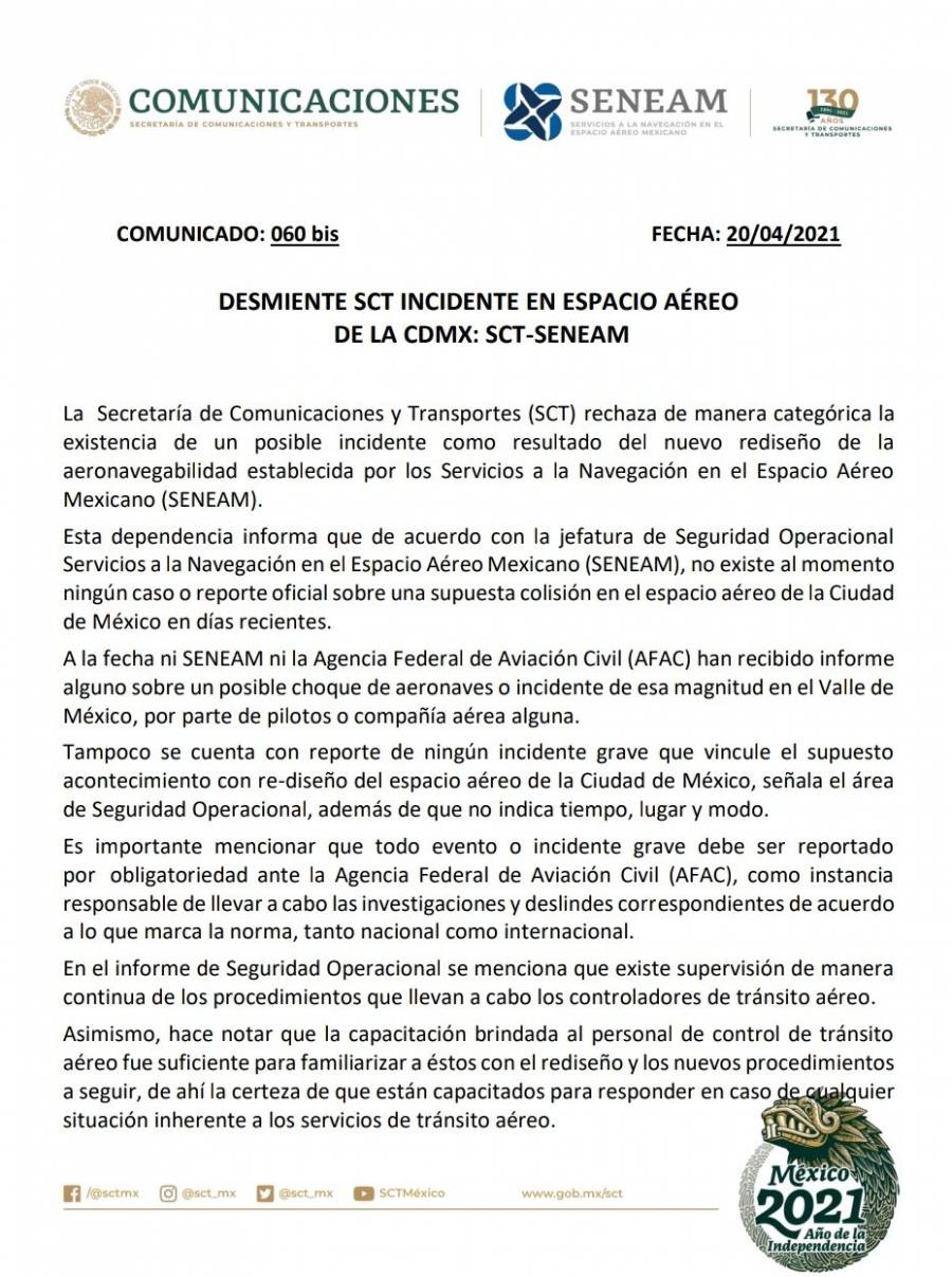 Sin reporte oficial sobre incidente en espacio aéreo de la CDMX: SCT-SENEAM