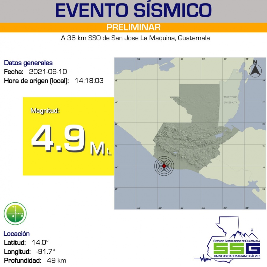 Se registra al suroeste de Guatemala un sismo de 4.9 grados